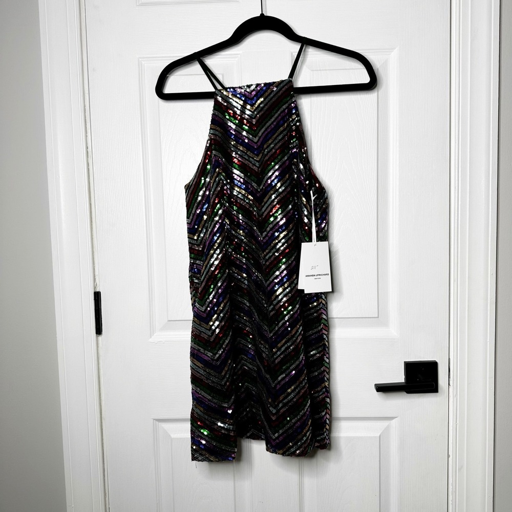 Amanda Uprichard Halette‎ Sequin Multicolor Chevron Halter Mini Dress Small NWT - Picture 2 of 10
